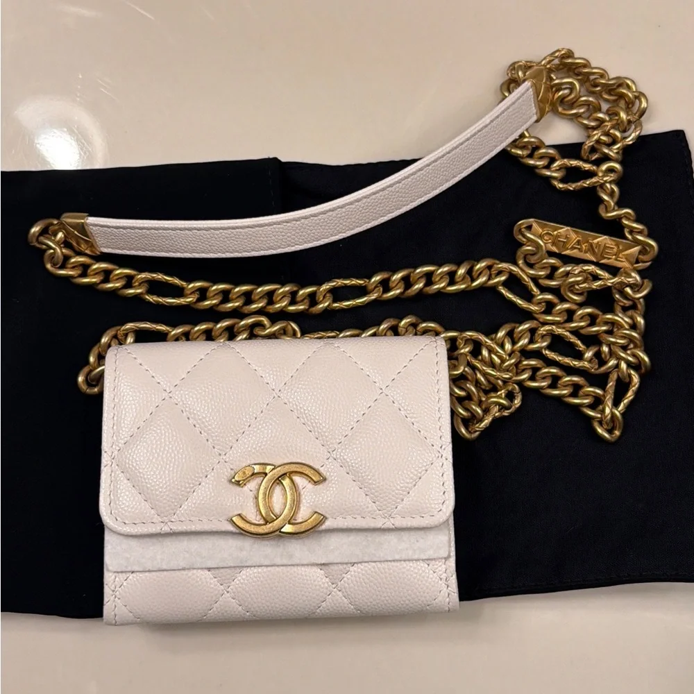 CHANEL Cream Quilted Caviar Leather Mini Wallet on Gold Chain